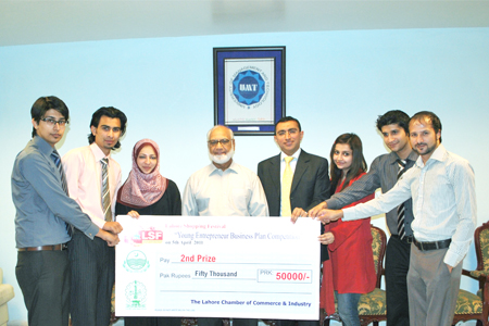 LCCI Business PlanAward Winning Team posing with Dr A.R.Kausar, Pro Rector, UMT